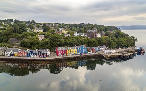 The iconic Tobermory harbour colourful houses, Mull.
