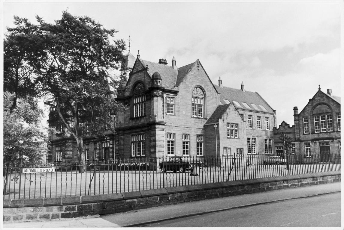 Black and white photograph of the old Inverness Royal Academy building on Midmills Road.