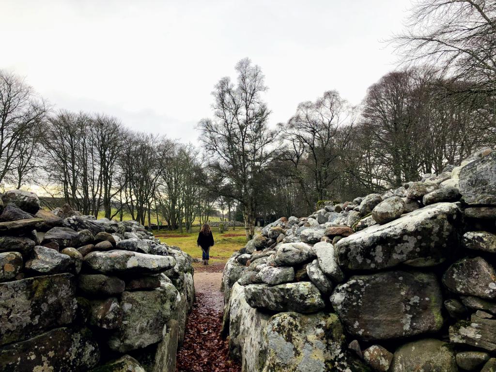 View out from inside the Clava Cairns. Tall, thin trees line the horizon. A woman with long dark hair and a black jacket walks towards the trees