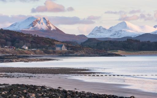 Gairloch beach with Wester Ross hills in the background.