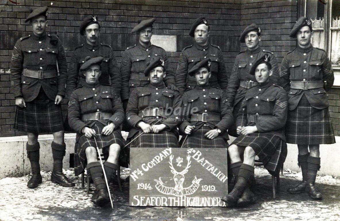 A group photograph of troops from the No. 4 Company of the 4th Battalion Seaforth Highlanders, taken in 1919