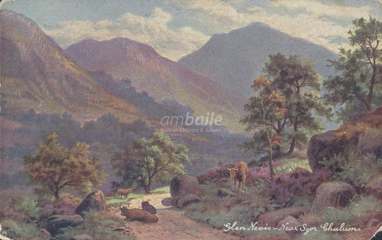 Postcard with a painting of Glen Nevis, near Sgor Chalums