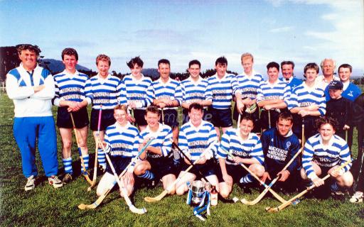 The Newtonmore Camanachd Team, 1993, wearing their signature blue and white striped uniform