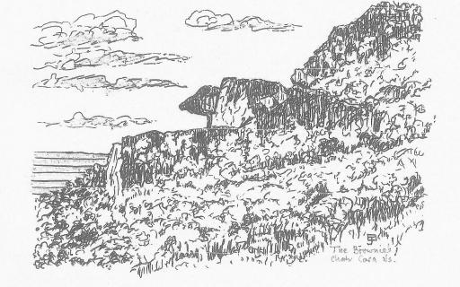 A black and white sketch of the Brownie's chair, a rocky landscape on the Isle of Cara
