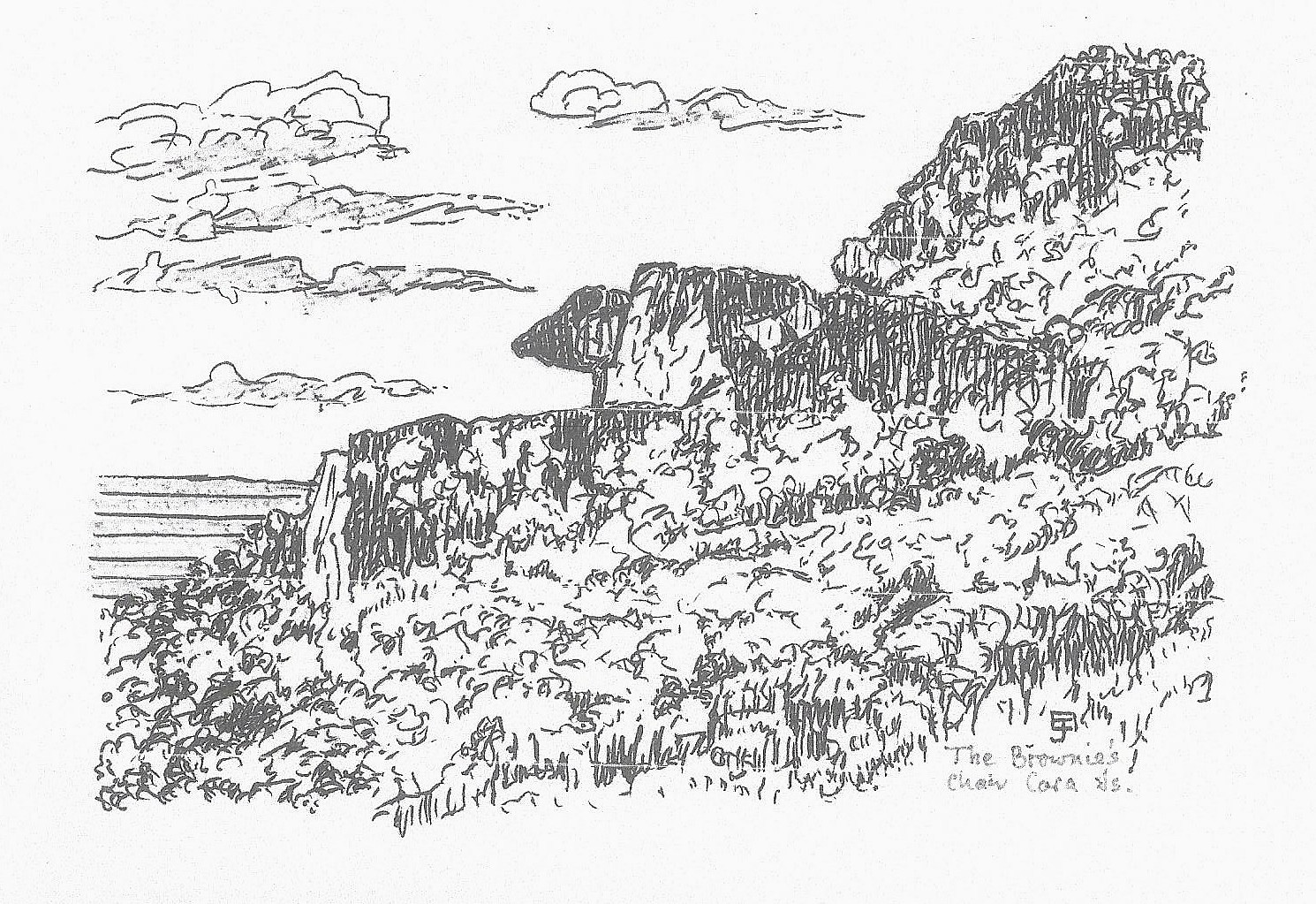 A black and white sketch of the Brownie's chair, a rocky landscape on the Isle of Cara
