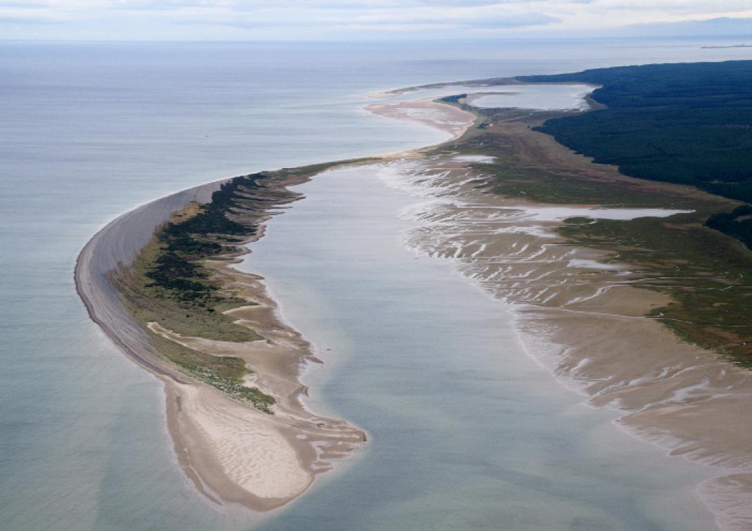 Culbin Sands from the air; a sandy spit formation is seen projecting off of the mainland