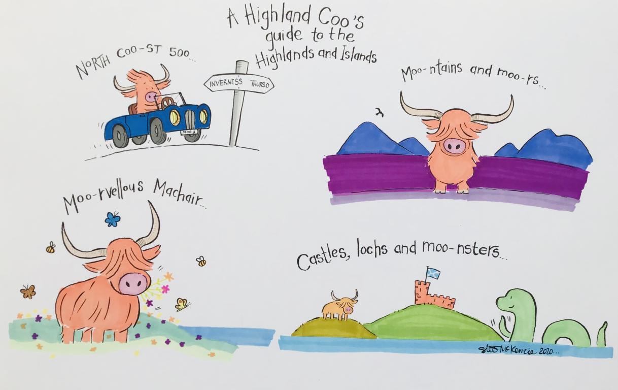 Cartoon which shows a Highland Cow in various environments including travelling on the North Coast 500, Mountains and Moors, Machair grass, and near Castle and Lochs