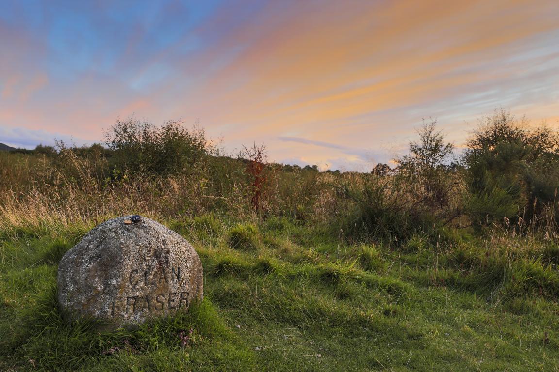 The Clan Fraser gravestone at Culloden Battlefield at Sunset