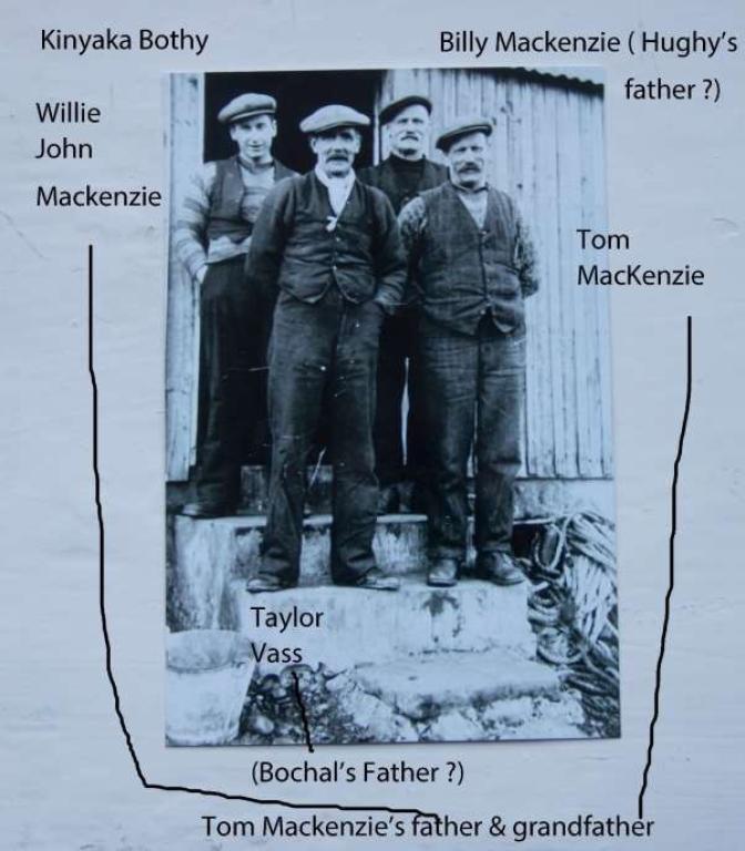 Annotated black and white image of three MacKenzie salmon fishermen and Taylor Vass
