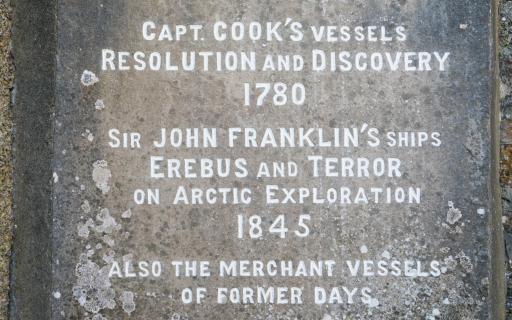 Inscription on Login's Well which reads 'There watered here/the Hudson Bay Coy's ships/1670-1891/Capt. Cook's vessels/ Resolution and Discovery/1780/Sir John Franklin's ships/ Erebus and Terror/on Arctic exploration/1845/Also the merchant vessels/of former days/well sealed up 1931