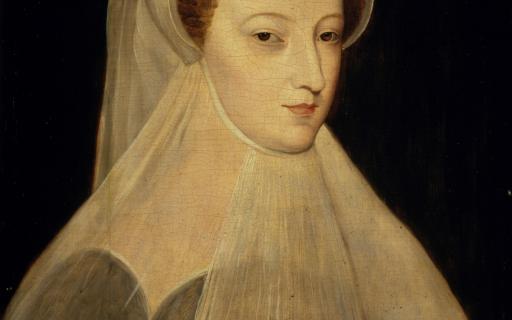 A oil portrait of Mary, Queen of Scots in white mourning wear