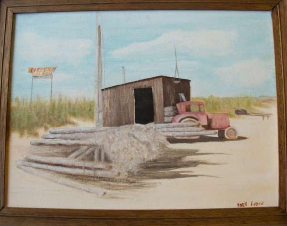 Paterson Island Bothy against a sandy beach and marram grass, painted in 1990