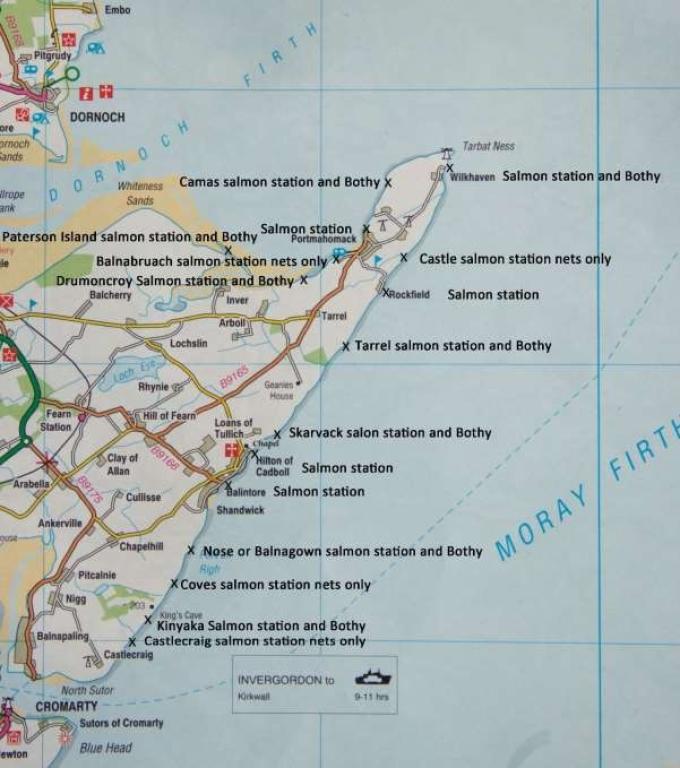 Map plotting points of locations of salmon stations and bothies on the Easter Ross Peninsula