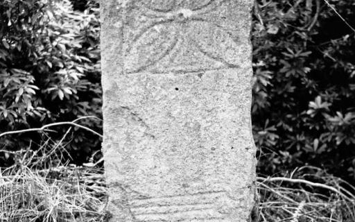 The Raasay Pictish stone with out of focus trees in the backdrop. The stone is incised with a Chi-Rho cross within a square carved into the stone