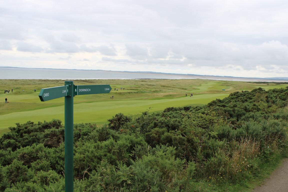 A green signpost pointing towards Dornoch. Rows of green shrubs are below the sign. In the distance a golf course, with players making their way around the course, is visible.