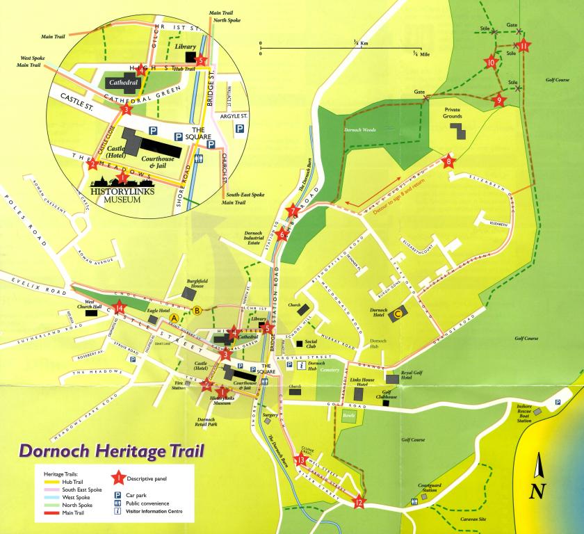 A map of the town of Dornoch, pointing out signs of interest with red stars.