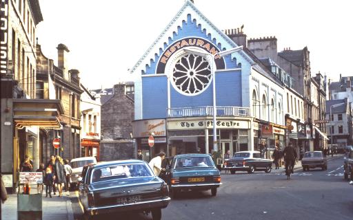 The Rose Window in the centre of a blue painted building on the site of the Old Methodist Chapel, Inverness.