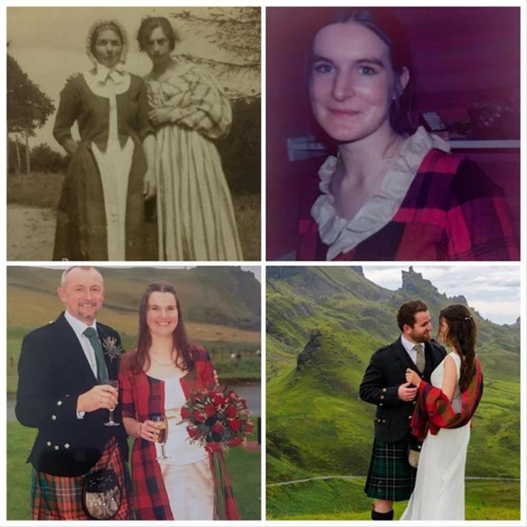 Collage of the many incarnations of the wedding dress of Isabella MacTavish as worn by her descendants.