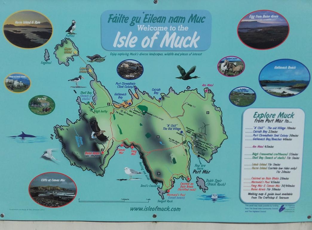 An illustrated map showing the Isle of Muck against a blue backdrop. Sites of interest are pointed out across the map for visitors to explore.