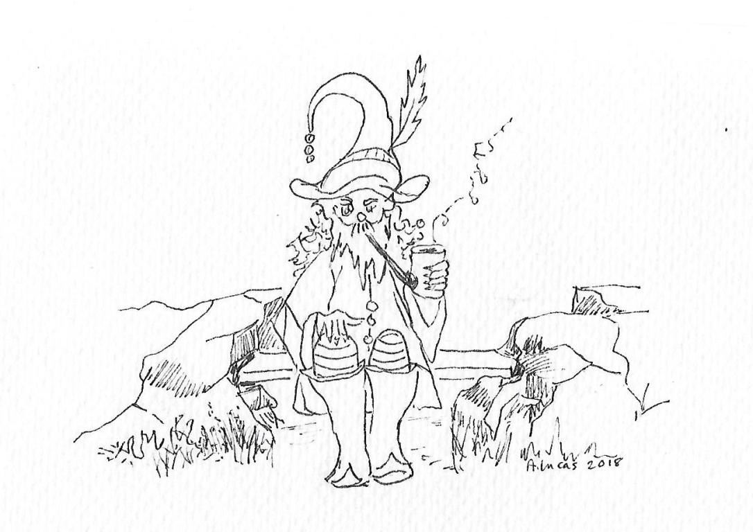 Black and white sketch of the Brownie with a large hat and long beard sitting on a plank