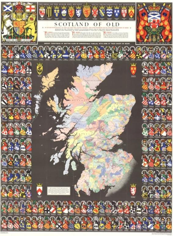 A map of Scotland. The map is surrounded by the coat of arms of many clans.