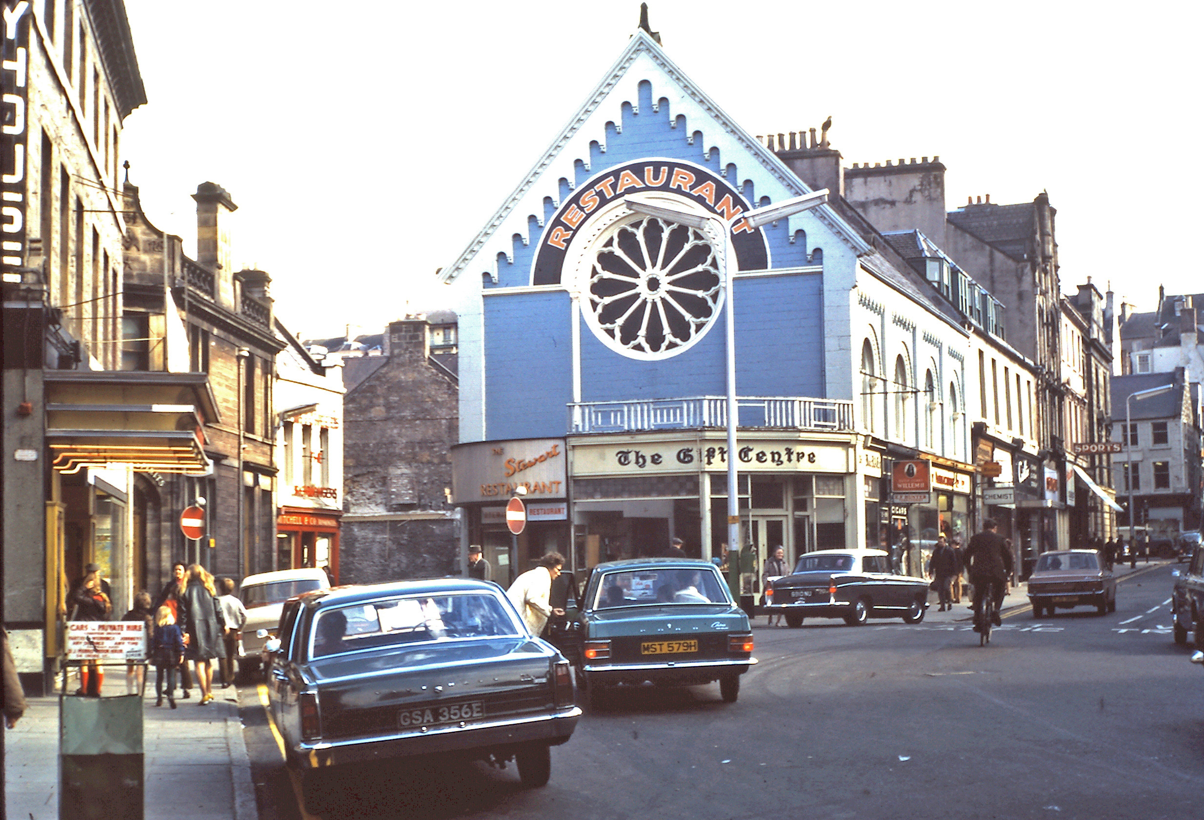 The Rose Window in the centre of a blue painted building on the site of the Old Methodist Chapel, Inverness.